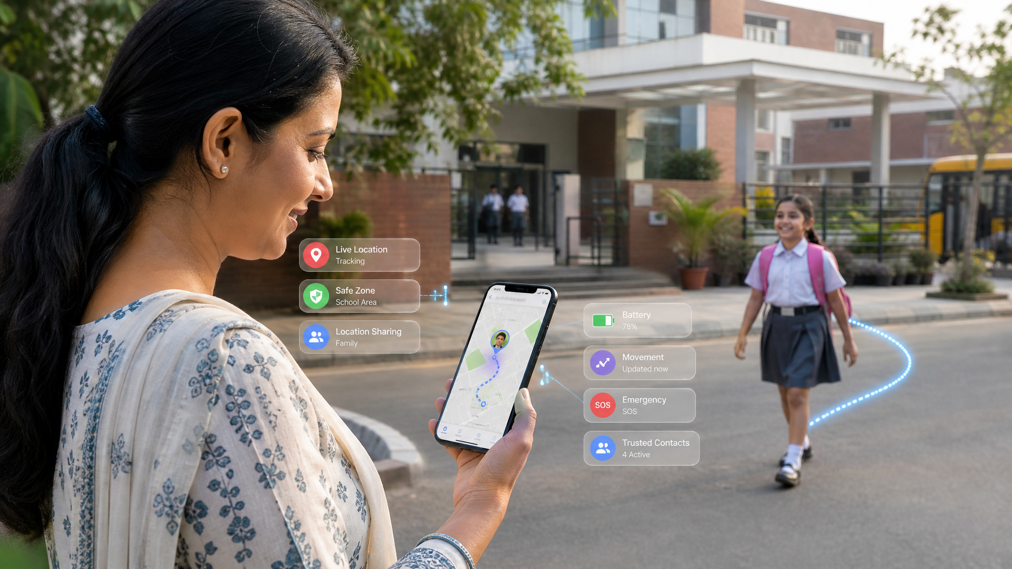 Live location tracker for kids showing a parent monitoring their child's real-time GPS location and safety on a smartphone.